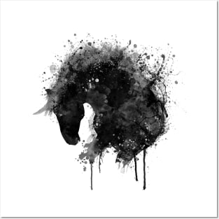 Black and White Horse Head Watercolor Silhouette Posters and Art